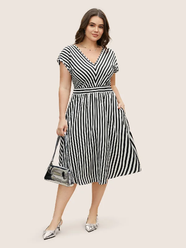 Striped Shirred Dolman Sleeve Dress