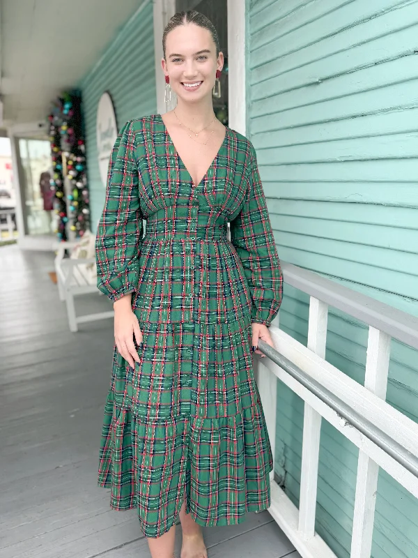 The Jace Plaid Midi Dress-Green