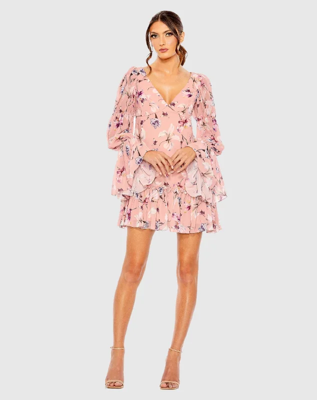 Floral Print Long Flutter Sleeve Dress