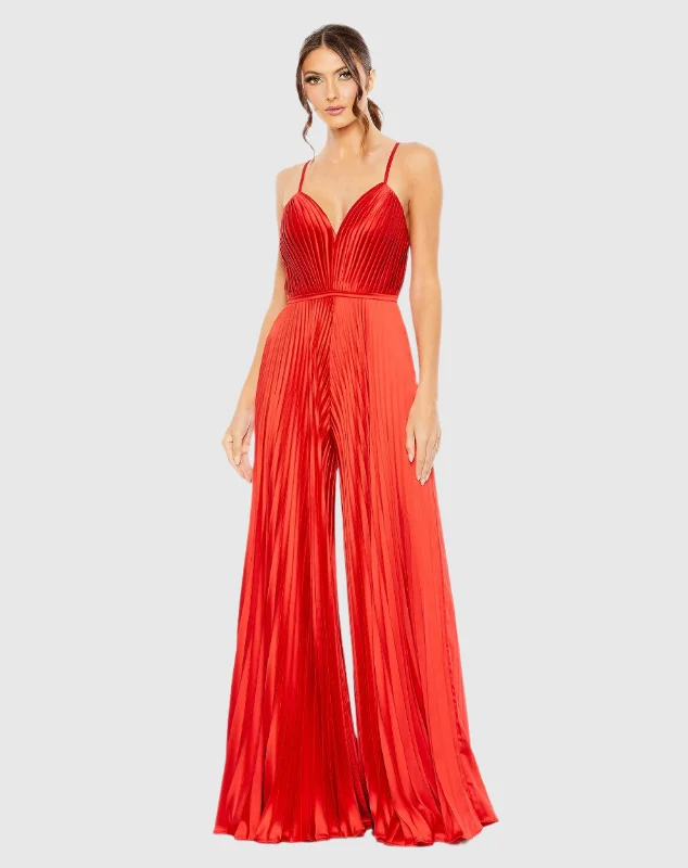 Red Pleated Plunge Neck Wide Leg Jumpsuit