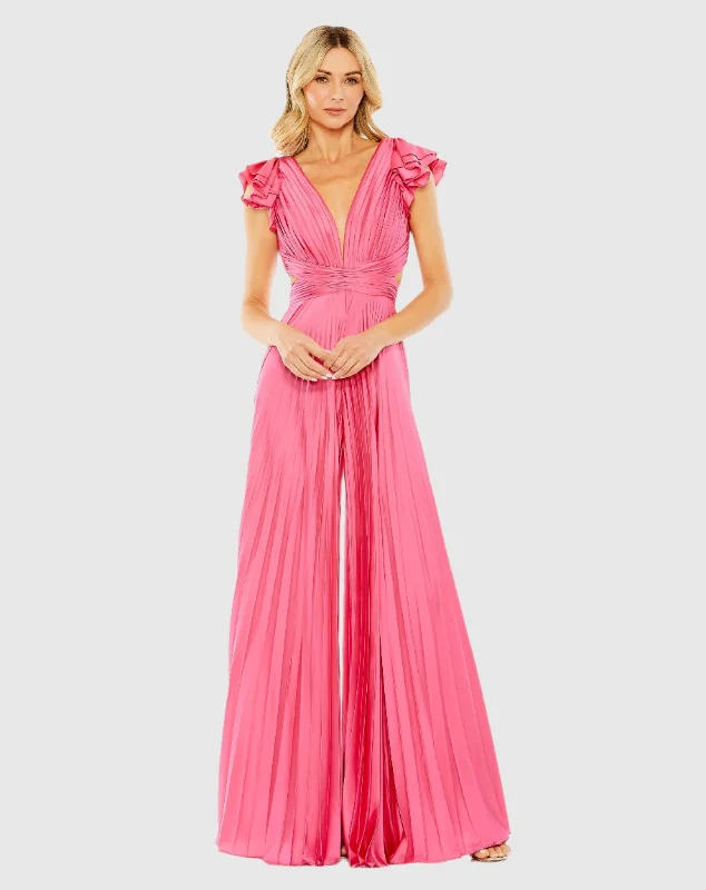 Pink Ruffle Cap Sleeve Cutout Heat Pleated Jumpsuit