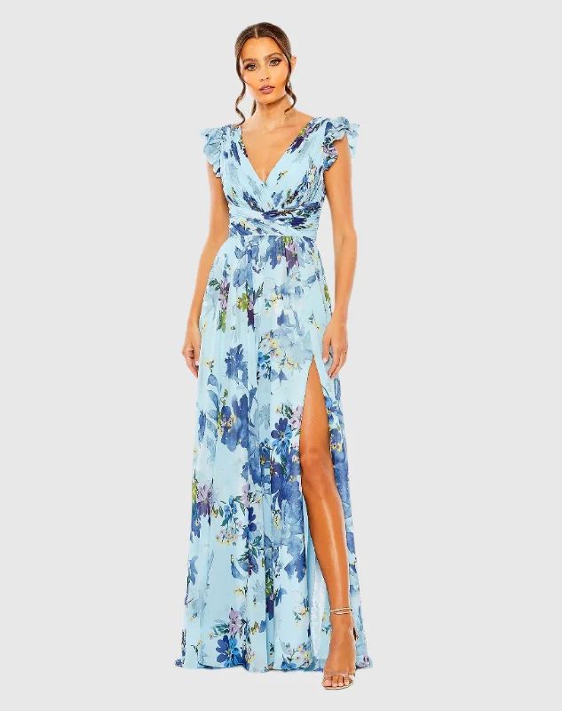 Floral Print Flutter Sleeve Chiffon Gown