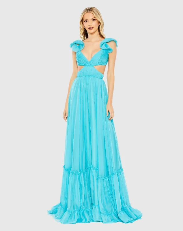 Ruched Ruffled Shoulder Cut Out Lace Up Gown - FINAL SALE