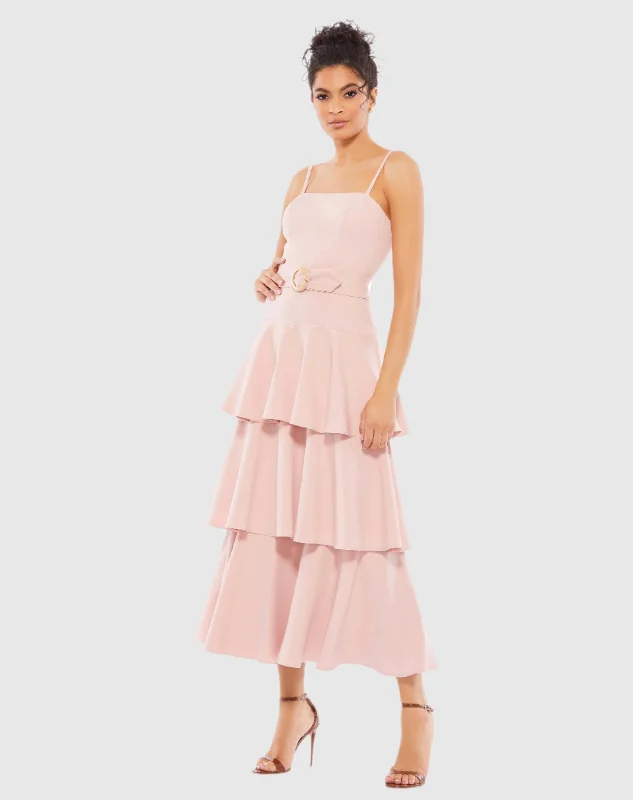 Pink Belted Tiered Ruffle Sleeveless Midi Dress