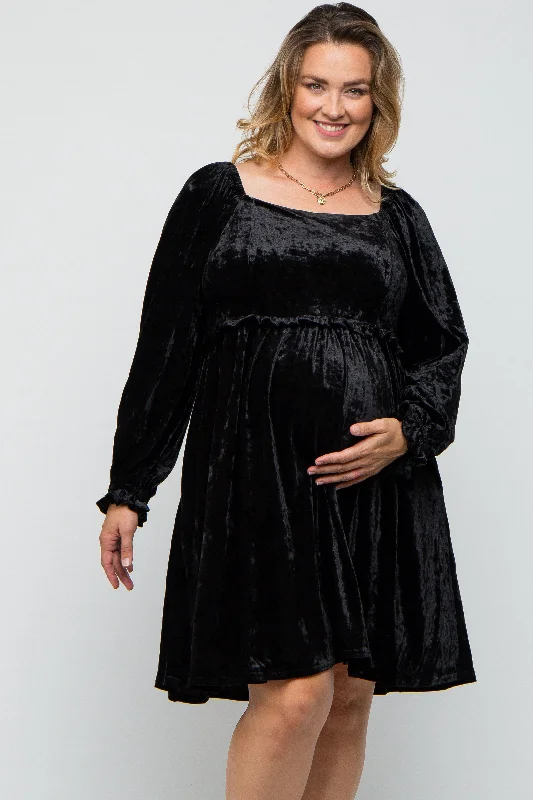 Black Velour Square Neck Maternity Plus Dress