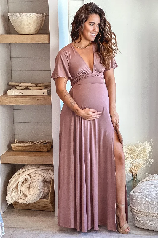 Blush Maternity Maxi Dress with Slit and Short Sleeves