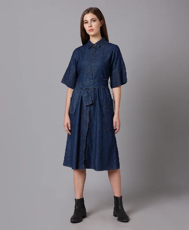 Denim Shirt Dress with Flared Sleeves