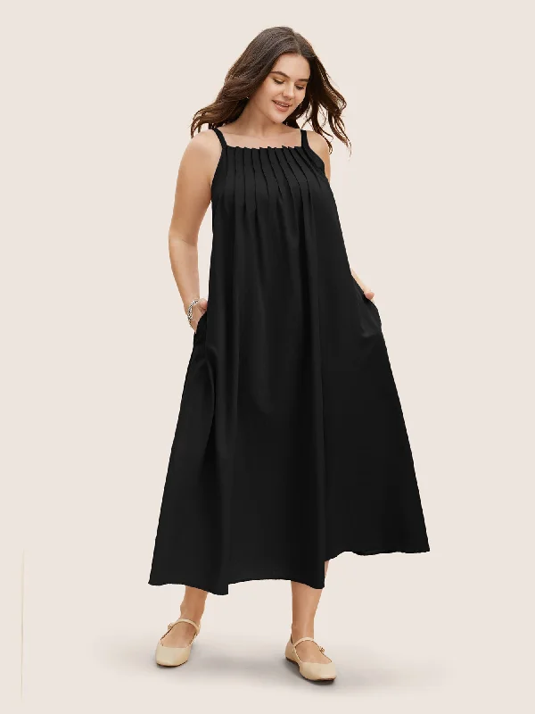 Cotton Plain Pleated Loose Fit Cami Dress