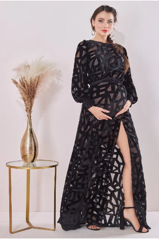 Goddiva Maternity Burnout Velvet Maxi Black