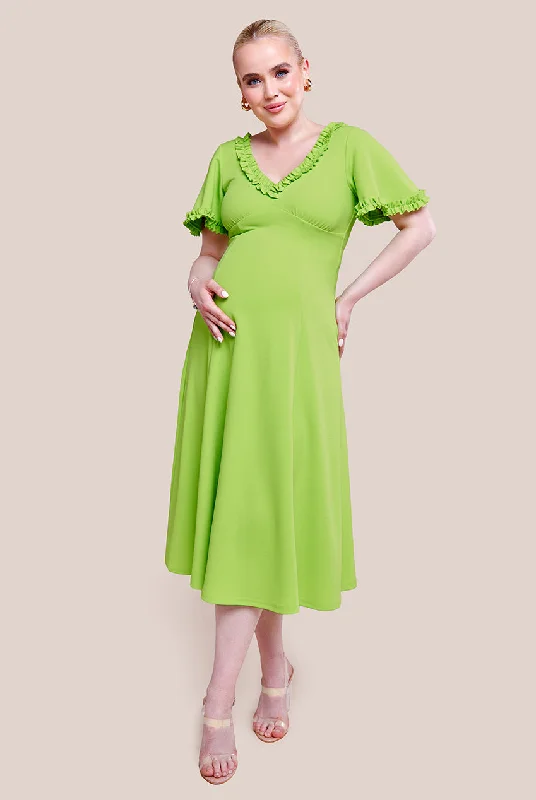 Goddiva Maternity Flare Sleeve Frill Edge Midi Dress - Lime Green