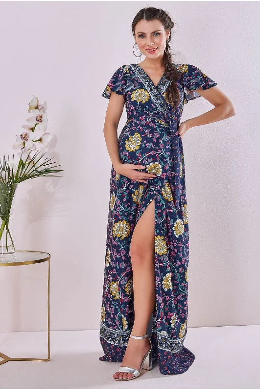 Goddiva Maternity Floral Print Maxi Navy Print