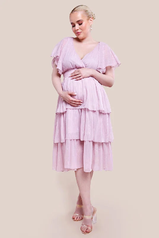 Goddiva Maternity Plain Lurex Chiffon Tiered Midi Dress - Pink