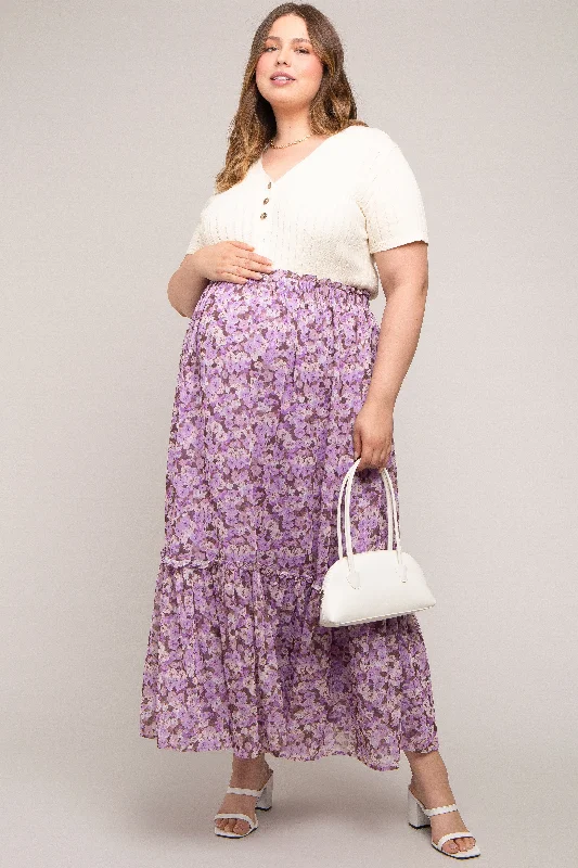 Lavender Smocked Waist Tiered Maternity Plus Maxi Skirt