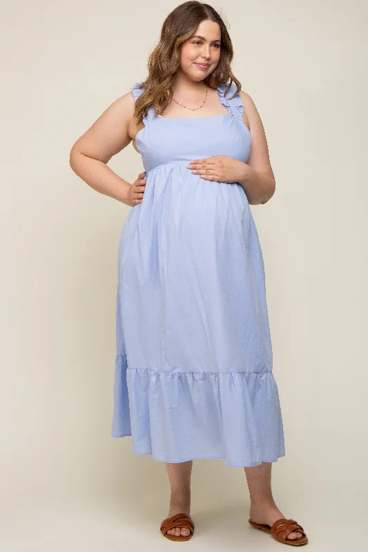 Light Blue Ruffle Strap Back Tie Maternity Plus Midi Dress