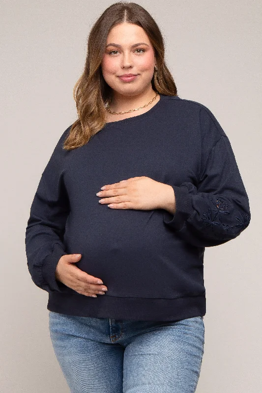 Navy Embroidered Long Sleeve Plus Maternity Top