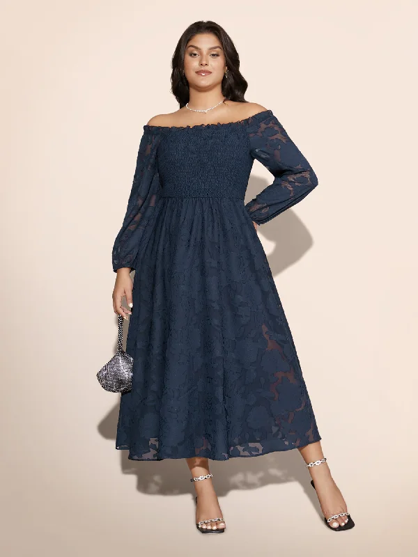 Off Shoulder Shirred Frill Trim Dress