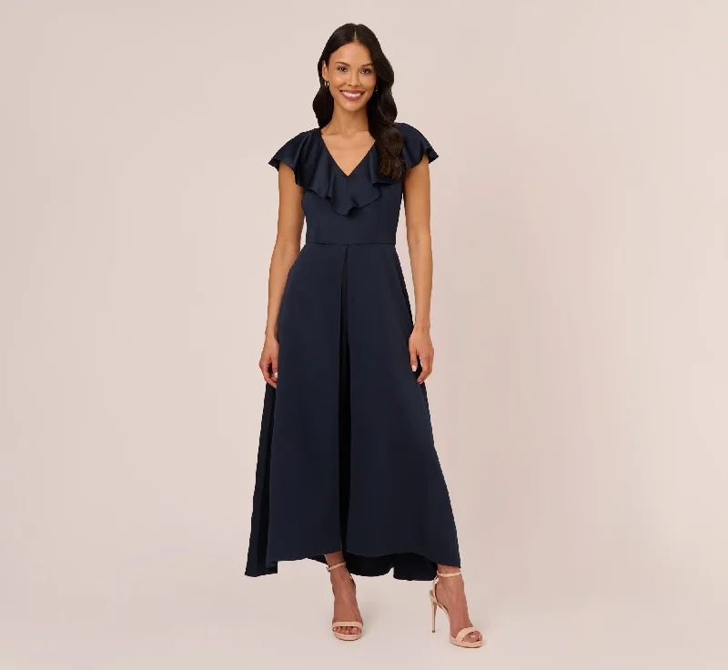 Satin Crepe Ruffled Cropped Jumpsuit In Dark Navy