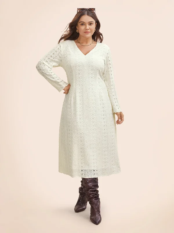 Solid V Neck Broderie Anglaise Dress